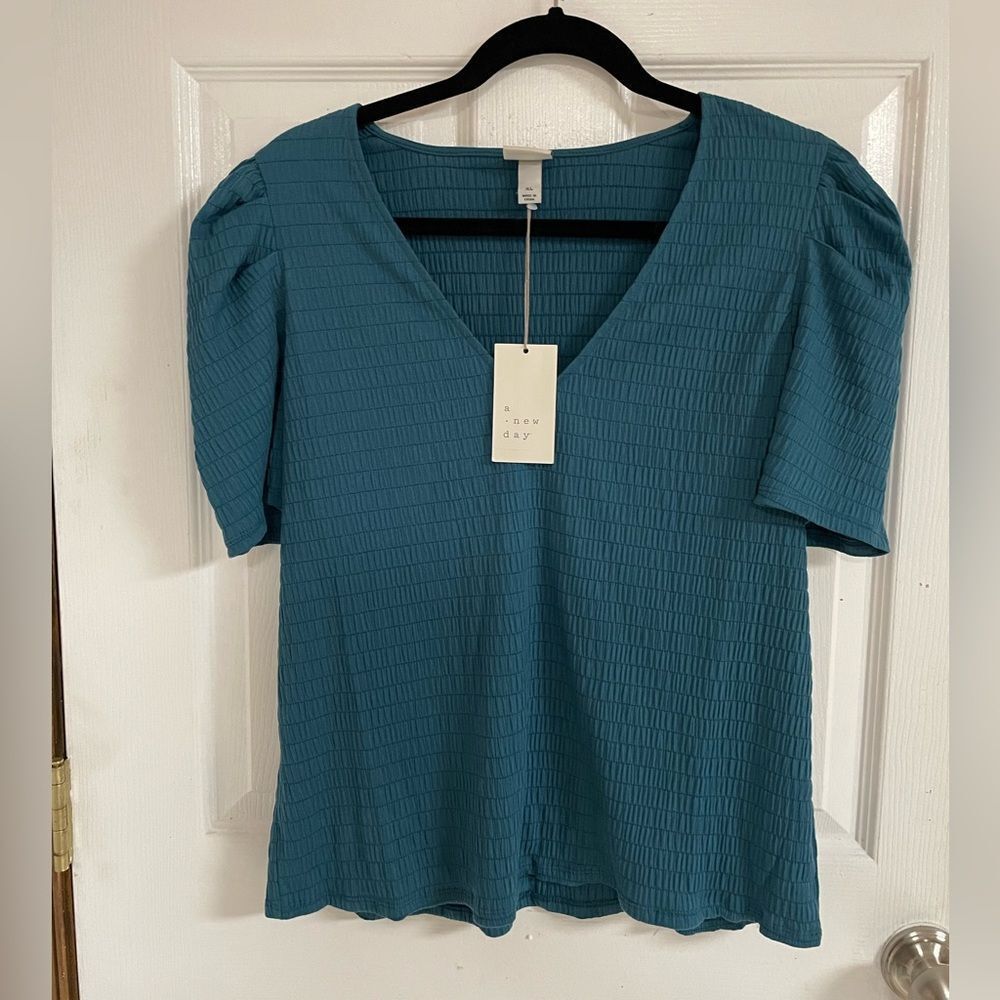 Teal ribbed short sleeve blouse